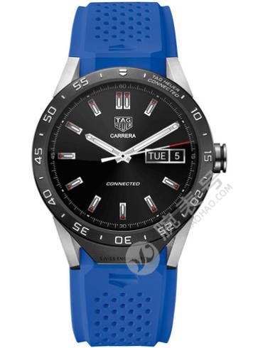 泰格豪雅TAG Heuer Connected蓝色橡胶表带款智能黑色表底盖